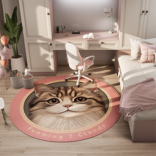 R2C230707-4 High Quality Custom Printed Your Text Logo Lovely Cat Photo Machine Washable Non-Slip Round Rug For Bedroom